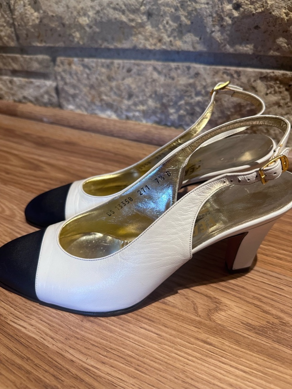 Salvatore Ferragamo - Black and White Slingback Heels - Picture 2 of 7